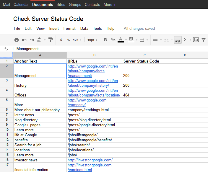 Check HTTP Server Status Code in Google Docs Spreadsheet