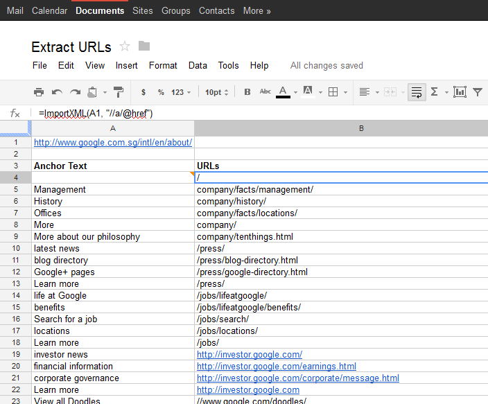 Extract URLs in Google Docs Spreadsheet