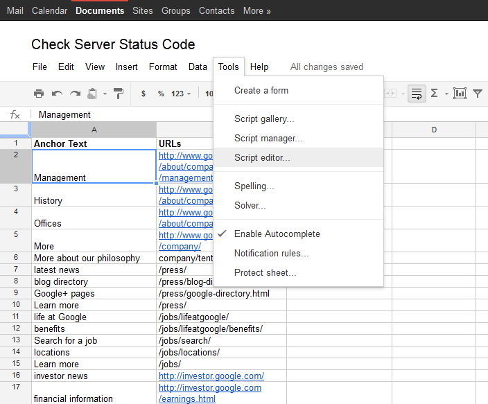 Open Script Editor in Google Docs Spreadsheet