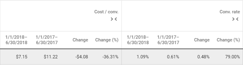 YoY Improvements in Cost/Conversion & Conversion Rate for SEM + Display Advertising on Google AdWords